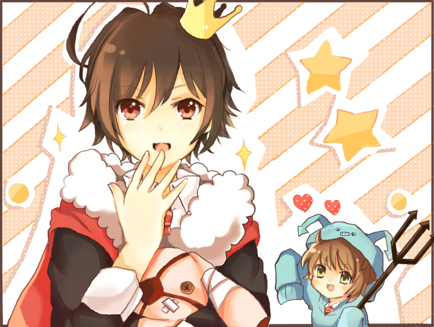 2boys a-ya_(shuuen_no_shiori) ahoge alternate_costume arrow_(symbol) bandaged_ear black_coat black_hair blue_hoodie blush border brown_border brown_hair button_eyes c-ta cape circle coat collared_shirt colored_eyepatch crown diagonal_stripes dot_nose dotted_background dress_shirt eyepatch fur-trimmed_coat fur_trim green_eyes hair_between_eyes hand_to_own_mouth heart holding holding_stuffed_toy holding_trident holding_weapon hood hood_up hoodie looking_at_viewer lop_rabbit_ears male_focus mini_crown mozunoj multiple_boys necktie open_mouth outside_border pink_background polka_dot red_cape red_eyes red_necktie shirt short_hair shuuen_no_shiori_project sleeves_past_fingers sleeves_past_wrists smile star_(symbol) striped striped_background striped_necktie stuffed_animal stuffed_bunny stuffed_toy two-tone_necktie upper_body very_long_sleeves weapon white_background white_shirt yellow_necktie