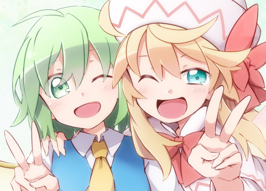 2girls absurdres ahoge ascot blonde_hair blue_dress blue_eyes blush capelet collared_shirt daiyousei dress fairy fairy_wings green_eyes green_hair hair_between_eyes hat highres lily_white long_hair long_sleeves multiple_girls one_eye_closed open_mouth shirt smile touhou v white_capelet white_headwear white_shirt wings yellow_ascot yutamaro