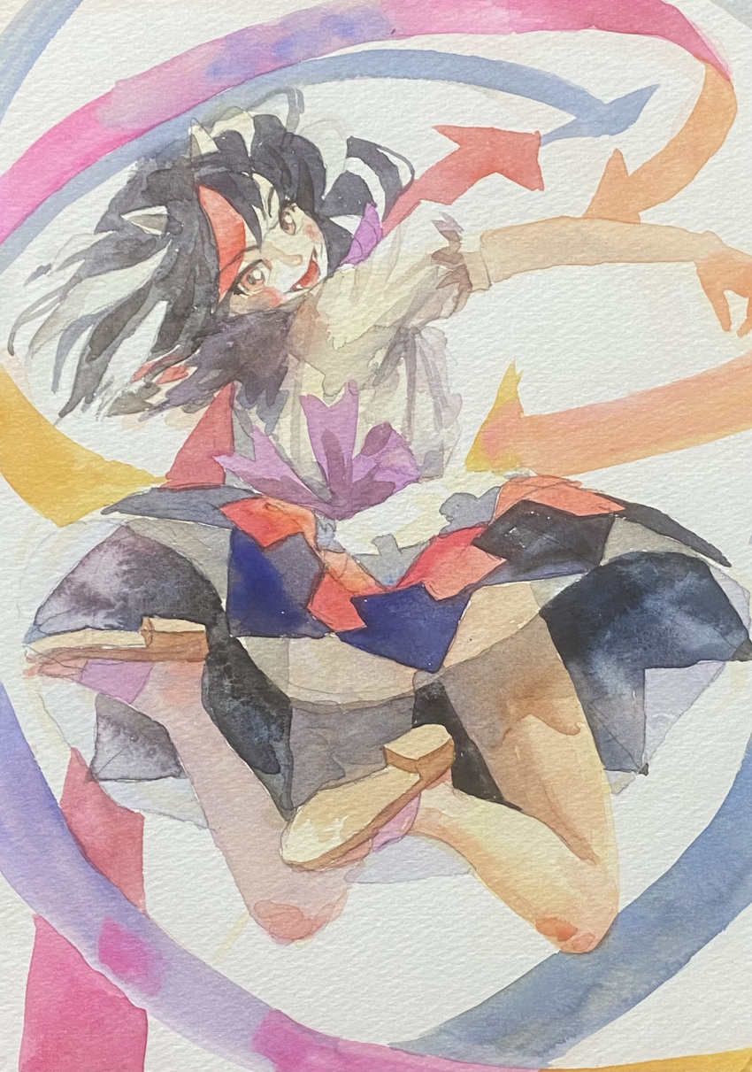 1girl back_bow black_hair black_skirt bow brown_eyes fangs from_behind full_body head_tilt highres horns kijin_seija legs_up looking_at_viewer looking_back misawa_hiroshi multicolored_hair no_socks one-hour_drawing_challenge open_mouth painting_(medium) puffy_short_sleeves puffy_sleeves purple_bow red_hair sandals shirt shoe_soles short_sleeves skirt solo streaked_hair touhou traditional_media watercolor_(medium) white_shirt