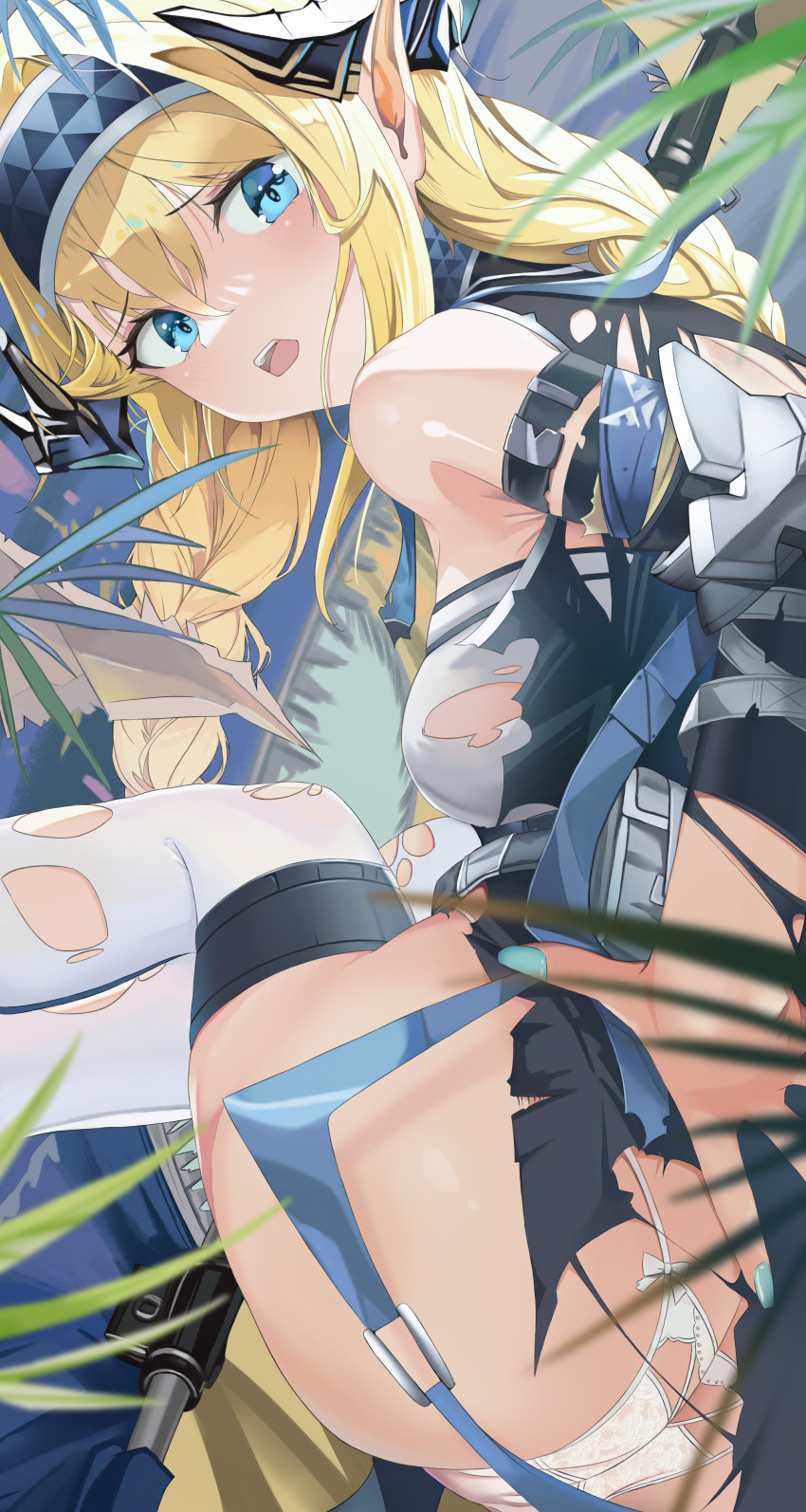 1girl absurdres aqua_nails arknights armor ass auguste banner bare_shoulders blonde_hair blue_eyes blue_hairband blush braid breasts dragon_horns elbow_pads from_behind hairband hand_on_hip highres horns long_hair looking_at_viewer looking_back medium_breasts nail_polish open_mouth panties pointy_ears saileach_(arknights) sideboob solo thighhighs torn_clothes torn_thighhighs twin_braids underwear very_long_hair white_panties white_thighhighs