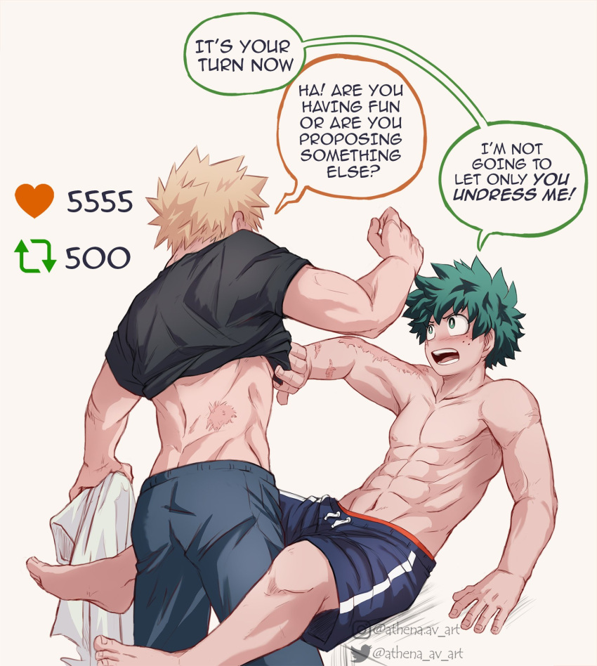 2boys athena_av bakugou_katsuki barefoot black_shirt blonde_hair blue_shorts blush boku_no_hero_academia clothes_lift commentary english_commentary english_text freckles green_eyes green_hair highres instagram_logo instagram_username looking_at_another male_focus meme midoriya_izuku multiple_boys open_mouth scar scar_on_arm scar_on_back shirt shirt_lift shorts speech_bubble spiked_hair topless_male twitter_logo twitter_strip_game_(meme) twitter_username yaoi