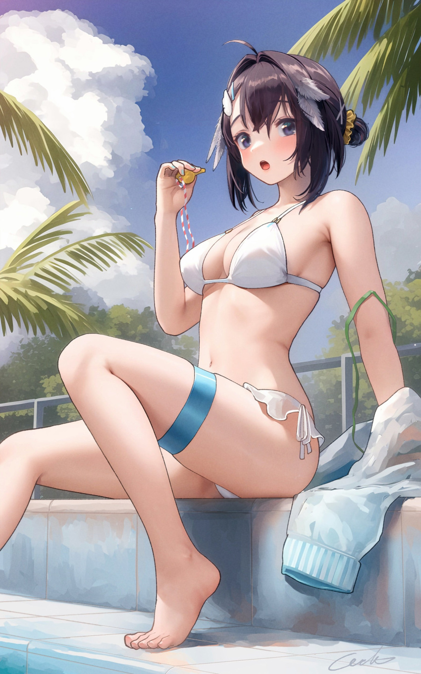 1girl :o absurdres arknights bare_legs bare_shoulders barefoot bikini black_eyes black_hair blue_sky breasts cloud commentary_request day foot_out_of_frame hand_up highres holding holding_whistle la_pluma_(arknights) la_pluma_(summer_flowers)_(arknights) looking_at_viewer medium_breasts navel official_alternate_costume open_mouth short_hair sitting sky solo stomach swimsuit thigh_strap thighs welt_(kinsei_koutenkyoku) whistle white_bikini