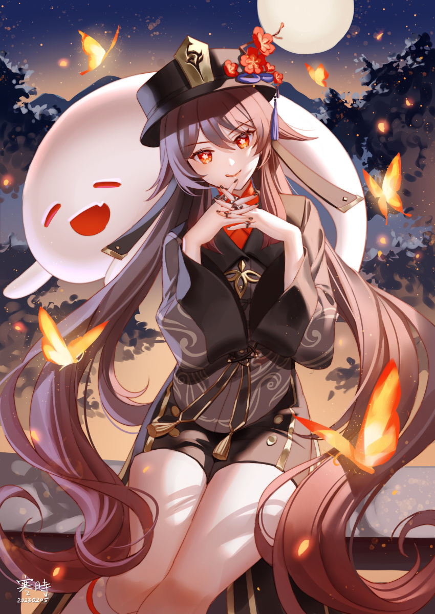 1girl :q absurdres anier artist_name bangs black_headwear black_nails black_shorts boo_tao_(genshin_impact) brown_coat bug butterfly coat coattails dated flower flower-shaped_pupils full_moon genshin_impact ghost gradient_hair hair_between_eyes hair_flaps hands_up hat hat_branch hat_flower hat_tassel highres hu_tao_(genshin_impact) interlocked_fingers jewelry long_hair long_sleeves looking_at_viewer mandarin_collar moon multicolored_hair multiple_rings nail_polish night night_sky orange_butterfly outdoors own_hands_together plum_blossoms porkpie_hat red_eyes red_flower red_shirt ring shirt short_shorts shorts sidelocks sitting sky smile solo symbol-shaped_pupils tassel thighs tongue tongue_out twintails v-shaped_eyebrows very_long_hair wide_sleeves