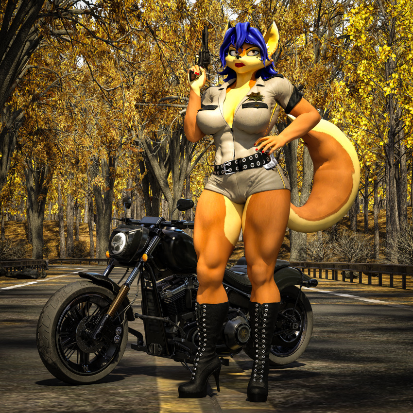 3d_(artwork) absurd_res anthro bludergat99 boots bottomwear breasts canid canine carmelita_fox cleavage clothed clothing digital_media_(artwork) female footwear fox gun hi_res high_heeled_boots high_heels hotpants huge_filesize mammal motorcycle muscular_thighs ranged_weapon shorts sly_cooper_(series) solo sony_corporation sony_interactive_entertainment sucker_punch_productions uniform vehicle weapon