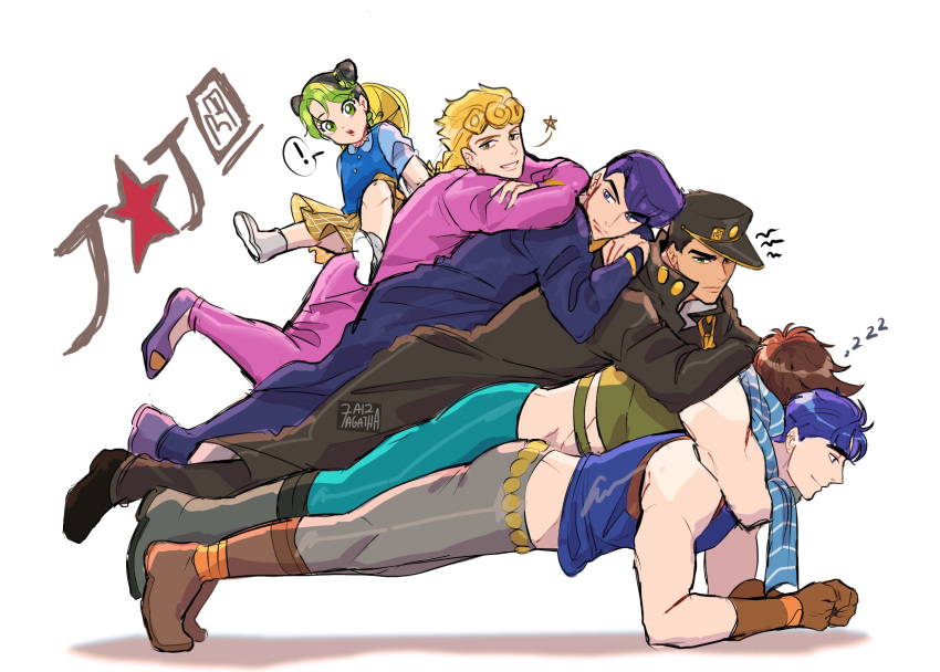 ! 1girl 5boys 7aizagatha aged_down battle_tendency black_hair blonde_hair blue_eyes blue_hair boots braid brown_footwear brown_gloves brown_hair child commentary diamond_wa_kudakenai female_child gakuran giorno_giovanna gloves green_eyes green_hair hat higashikata_josuke highres jojo_no_kimyou_na_bouken jonathan_joestar joseph_joestar joseph_joestar_(young) kujo_jolyne kujo_jotaro multicolored_hair multiple_boys phantom_blood plaid plaid_skirt planking pompadour purple_hair school_hat school_uniform signature single_braid sitting sitting_on_person skirt sleeping socks spoken_exclamation_mark stardust_crusaders stone_ocean two-tone_hair vento_aureo yellow_skirt zzz