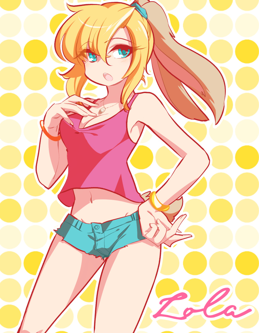 animal_ears armpits blonde_hair blue_eyes bracelet breasts character_name cleavage eyelashes hand_on_hip highres hip_bones humanization imotaco_nankin jewelry lola_bunny navel necklace pink_shirt pink_tank_top rabbit_ears rabbit_tail shirt short_shorts shorts space_jam tail tank_top teeth upper_teeth_only