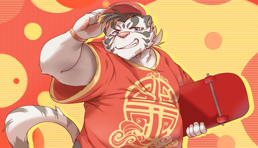 2023 anthro bawp clothing felid hat headgear headwear hi_res humanoid_hands kemono licho_(tas) lifewonders male mammal overweight overweight_male pantherine pink_nose shirt skateboard solo tiger tokyo_afterschool_summoners topwear white_body