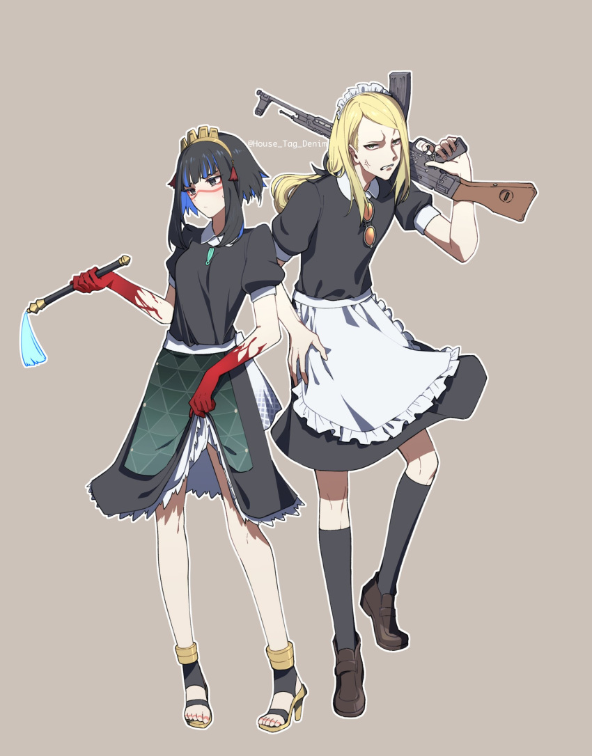 1boy 1girl alternate_costume anger_vein annoyed apron assault_rifle bangs black_dress black_footwear black_hair black_ribbon black_socks blonde_hair blue_hair brown_background clenched_teeth collared_dress colored_inner_hair commentary crossdressing dress english_commentary enmaided eyewear_hang eyewear_removed fate/grand_order fate_(series) frilled_apron frills full_body green_apron grey_eyes gun hair_ribbon high_heels highres holding holding_gun holding_weapon house_tag_denim huitzilopochtli_(fate) kneehighs loafers long_hair looking_at_viewer maid maid_headdress multicolored_hair orange-tinted_eyewear over_shoulder parted_lips print_apron ribbon rifle round_eyewear scowl shoes short_hair short_sleeves simple_background skirt_hold sleeve_cuffs socks standing standing_on_one_leg stg44 streaked_hair sunglasses teeth tezcatlipoca_(fate) tinted_eyewear triangle_print twitter_username two-tone_dress two-tone_footwear two-tone_hair waist_apron weapon weapon_over_shoulder white_apron yellow_footwear