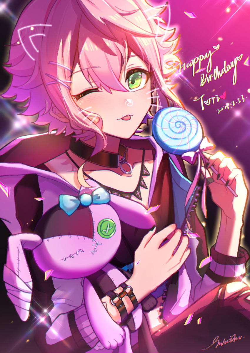 1boy 2021 absurdres androgynous black_choker black_hoodie blush candy choker dated drawn_ears drawn_whiskers ensemble_stars! food green_eyes happy_birthday highres himemiya_touri holding holding_candy holding_food holding_lollipop hood hoodie lollipop long_sleeves looking_at_viewer male_focus multicolored_clothes multicolored_hoodie one_eye_closed pink_hair pink_hoodie short_hair signature smile solo stuffed_animal stuffed_bunny stuffed_toy swirl_lollipop tongue tongue_out yuuki_madoka