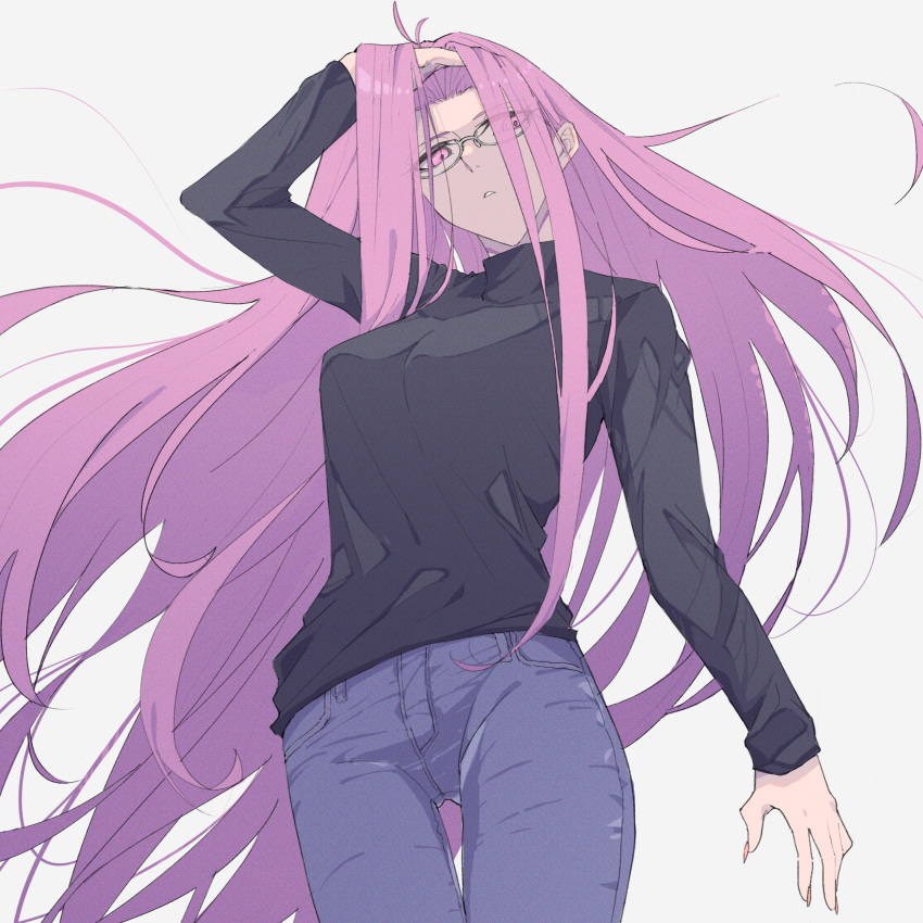 1girl anianiani0607 casual fate/stay_night fate_(series) forehead glasses highres long_hair looking_at_viewer medusa_(fate) medusa_(rider)_(fate) purple_eyes purple_hair solo upper_body very_long_hair