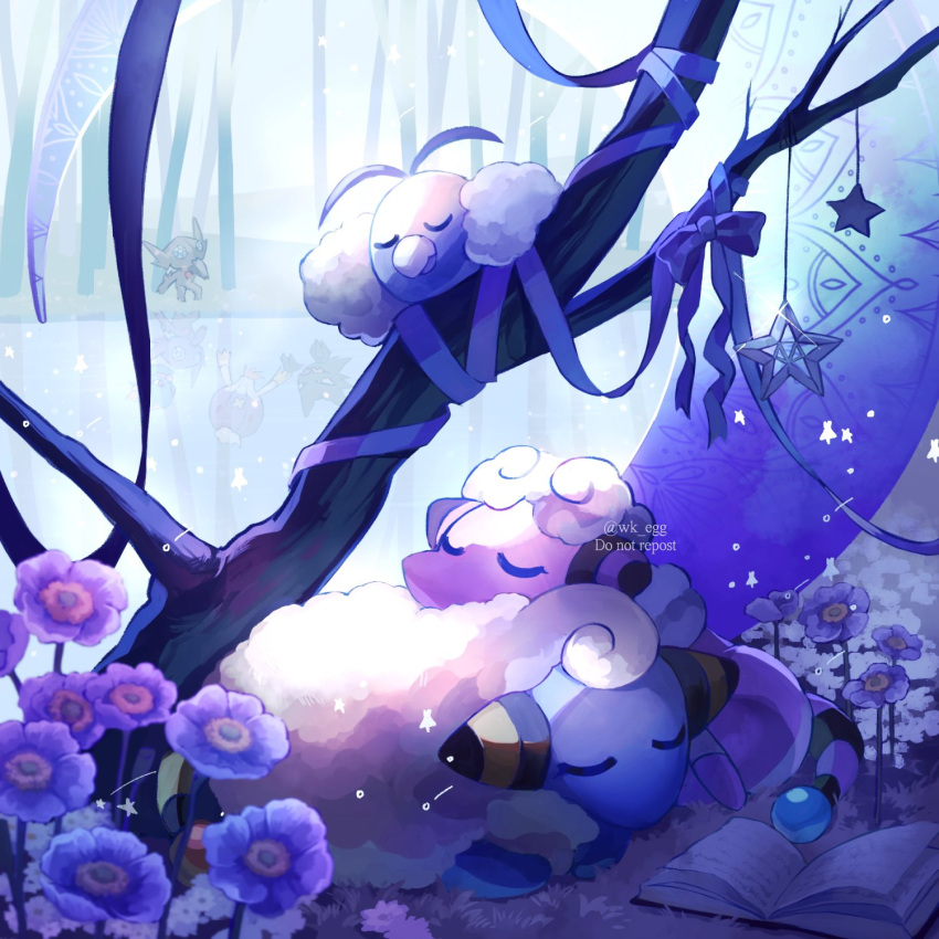 book closed_eyes commentary_request drifblim eko_(wk_egg) flaaffy grass haunter highres lying mareep no_humans on_stomach pokemon pokemon_(creature) purple_eyes ribbon sableye sleeping swablu twitter_username u_u watermark