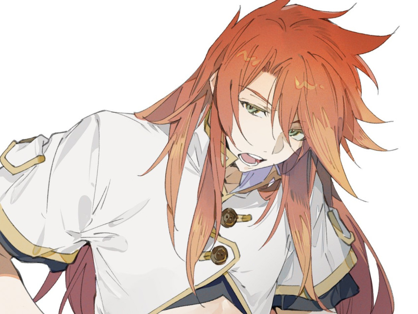 1boy black_shirt buttons cropped_jacket cropped_shirt green_eyes high_collar jacket long_hair looking_at_viewer luke_fon_fabre male_focus multicolored_hair open_mouth orange_hair red_hair shirt short_sleeves sidelocks solo tales_of_(series) tales_of_the_abyss two-tone_hair upper_body white_background white_jacket xing_20