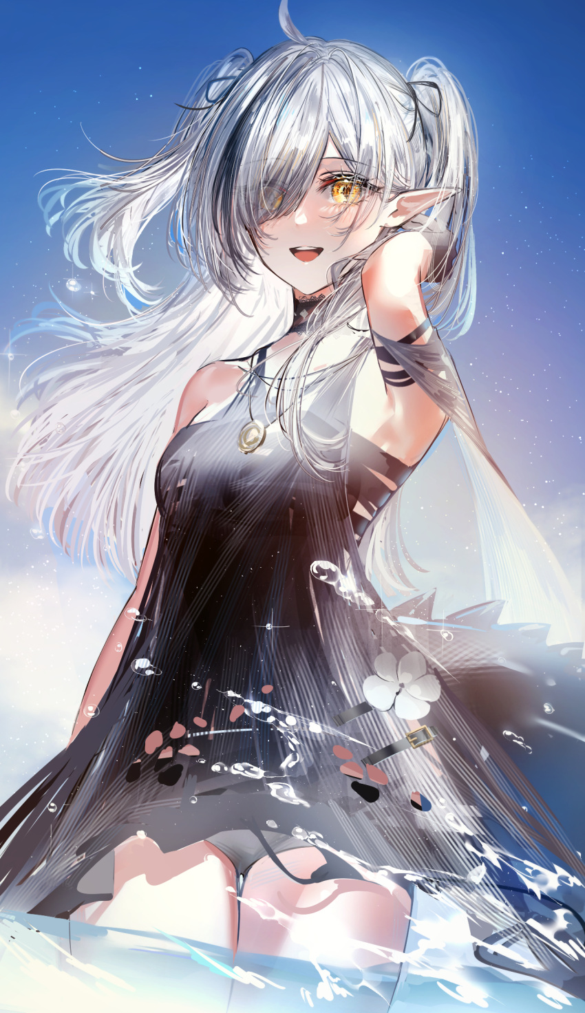 1girl :d ahoge akqne alternate_costume arknights arm_up armpits black_choker black_dress black_gloves black_hair black_ribbon blue_sky breasts choker crocodilian_tail day dress flower gloves grey_hair grey_panties hair_over_one_eye hair_ribbon highres jewelry long_hair looking_at_viewer multicolored_hair necklace open_mouth panties pants pantyshot pointy_ears ribbon sky sleeveless sleeveless_dress small_breasts smile solo streaked_hair tail thigh_gap tomimi_(arknights) torn_clothes torn_pants two-tone_hair underwear upskirt water white_flower yellow_eyes