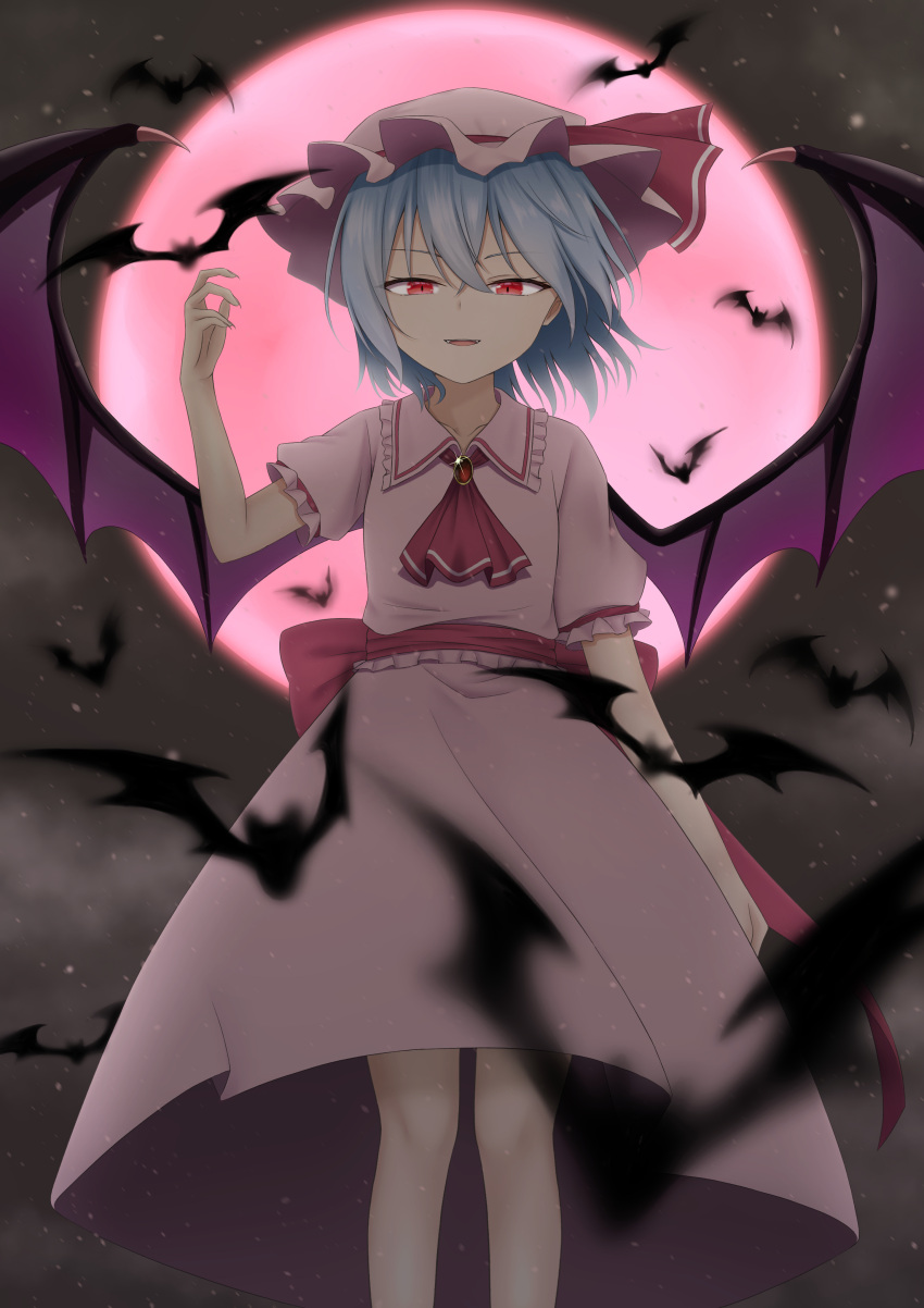 1girl absurdres back_bow bat_(animal) bat_wings blue_hair blurry bow chest_jewel cloud collar collarbone commentary_request depth_of_field dress eyelashes fang fingernails frilled_collar frilled_sleeves frills full_moon half-closed_eyes hand_up hat hat_bow highres long_fingernails looking_at_viewer medium_hair mob_cap moon neckerchief night open_mouth pink_dress puffy_short_sleeves puffy_sleeves red_bow red_eyes red_moon red_neckerchief remilia_scarlet sharp_fingernails short_sleeves slit_pupils smile solo standing szl touhou v-shaped_eyebrows vampire white_headwear wing_collar wings