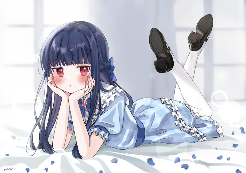 1girl :o bangs bed_sheet black_footwear blue_dress blue_flower blue_hair blue_ribbon blue_rose blunt_bangs blunt_ends blush brooch dark_blue_hair dress eluthel feet_up flower full_body half_updo hands_on_own_cheeks hands_on_own_face head_rest idolmaster idolmaster_cinderella_girls indoors jewelry long_hair looking_at_viewer lying neck_ribbon on_stomach pantyhose petals petticoat plaid plaid_dress puffy_short_sleeves puffy_sleeves red_eyes ribbon rose rose_petals sajo_yukimi short_sleeves solo very_long_hair white_pantyhose