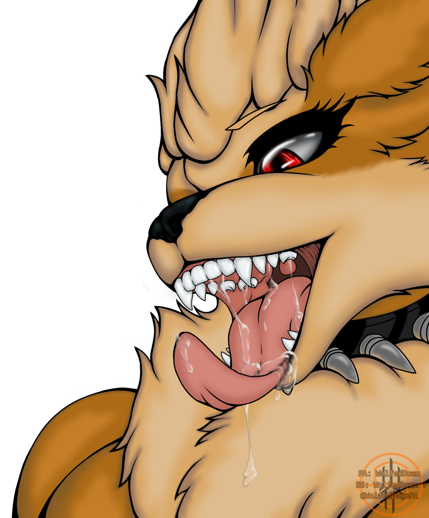 2023 absurd_res anthro arcanine big_breasts bodily_fluids breasts bust_portrait curled_tongue drooling ember_(disambiguation) female female/female generation_1_pokemon hi_res mouth_shot nintendo open_mouth pokemon pokemon_(species) portrait red_eyes saliva saliva_string solo wolfeddown