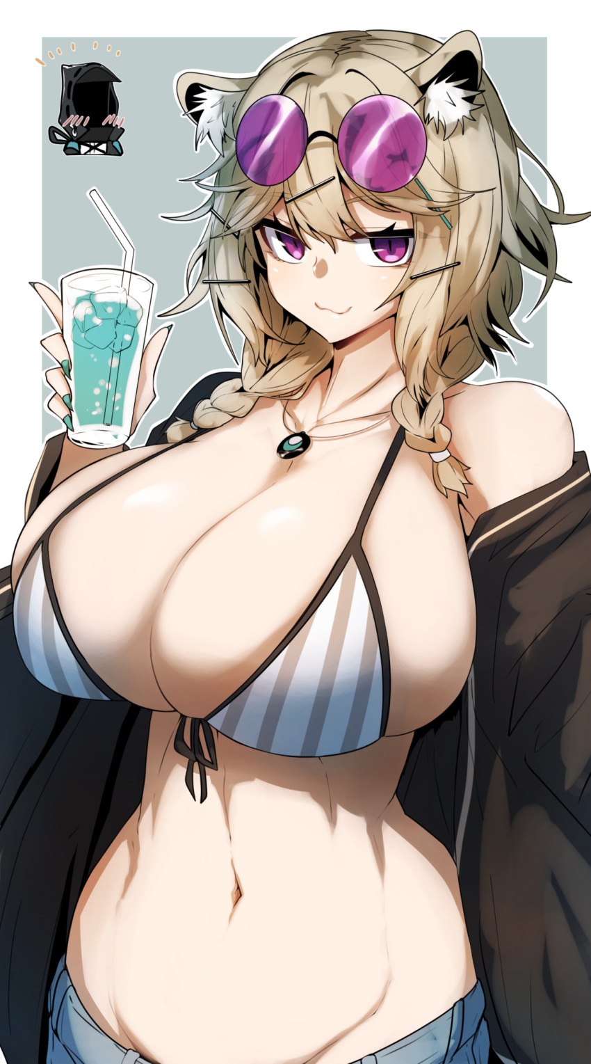 1girl :3 animal_ear_fluff animal_ears aqua_nails arknights bangs bare_shoulders bikini bikini_top_only border braid breasts cleavage closed_mouth cup denim denim_shorts doctor_(arknights) drink drinking_glass drinking_straw eyewear_on_head fingernails gin_moku groin hair_ornament hairclip highres holding holding_cup huge_breasts ice ice_cube jacket jewelry light_brown_hair looking_at_viewer medium_hair navel off_shoulder official_alternate_costume open_clothes open_jacket outside_border pendant purple_eyes sharp_fingernails shorts simple_background smile solo striped striped_bikini sunglasses swimsuit twin_braids upper_body utage_(arknights) utage_(summer_flowers)_(arknights) vertical-striped_bikini vertical_stripes white_border