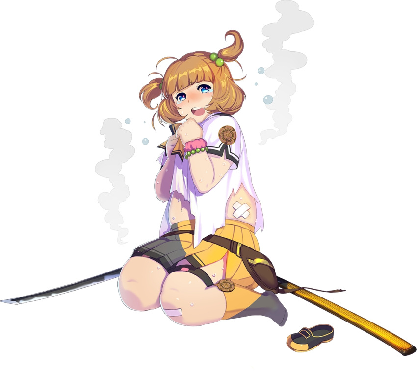 1girl artist_request bandaid bangs beads belt blue_eyes blunt_bangs boots bracelet dot_nose footwear_removed full_body hair_beads hair_ornament hasebe_shikiri jewelry katana light_brown_hair looking_at_viewer medium_hair navel official_art open_mouth pleated_skirt shinken!! shirt shoes short_sleeves simple_background skirt solo sweat sword tareme tearing_up thick_thighs thigh_strap thighs third-party_source two_side_up weapon white_background white_shirt