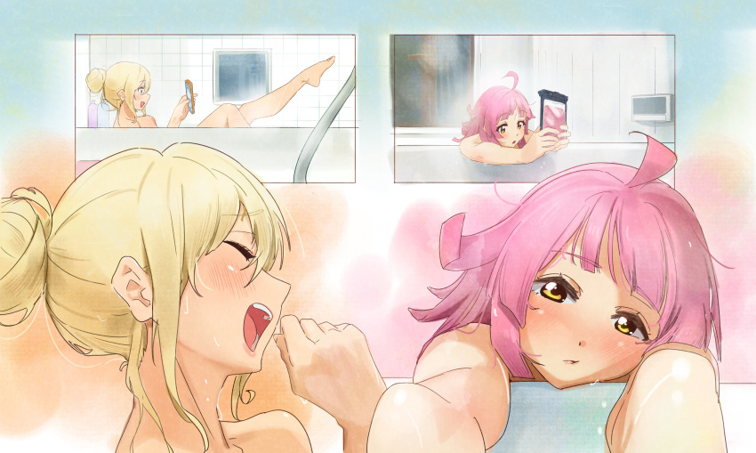 0364p 2girls absurdres ahoge air_conditioner alternate_hairstyle bangs bathing bathroom bathtub blonde_hair blunt_bangs blunt_ends blush cellphone closed_eyes closed_mouth commentary dizzy_(feeling) gyaru hair_bun hair_up half-closed_eyes hand_to_own_mouth head_rest highres holding holding_phone hose laughing leaning_on_object leg_up looking_at_phone looking_at_viewer love_live! love_live!_nijigasaki_high_school_idol_club medium_hair miyashita_ai multiple_girls nude open_mouth outside_border outstretched_arms outstretched_leg panels parted_lips phone pink_hair shampoo_bottle single_hair_bun soap_bottle steam tennouji_rina tile_wall tiles video_call water wet window yellow_eyes