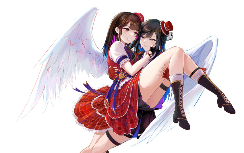 2girls angel_wings bangs black_hair blonde_hair blue_hair boots brown_hair carrying chase!_(love_live!) colored_inner_hair commentary_request earrings fingerless_gloves full_body gloves gradient_hair hat highres jewelry kusunoki_tomori love_live! love_live!_nijigasaki_high_school_idol_club multicolored_hair multiple_girls pink_hair princess_carry red_hair setsu_(qjsj1993aa) sidelocks smile two-tone_hair upper_body voice_actor voice_actor_connection white_background wings yuuki_setsuna_(love_live!)
