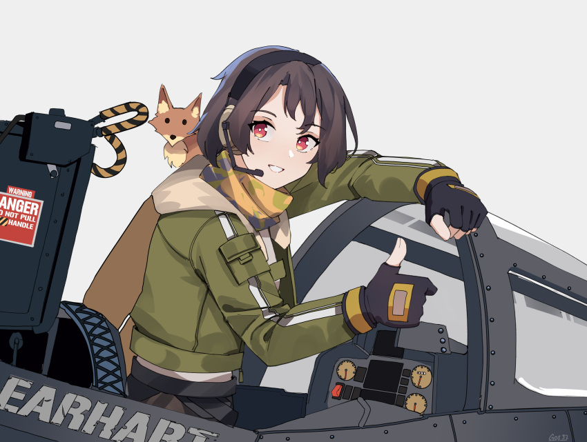 1girl absurdres aircraft airplane artist_name black_gloves bomber_jacket brown_hair cockpit earhart_(girls'_frontline_nc) english_text fox gar32 girls'_frontline_neural_cloud gloves green_jacket headset highres jacket red_eyes short_hair smile solo thumbs_up top_gun white_background