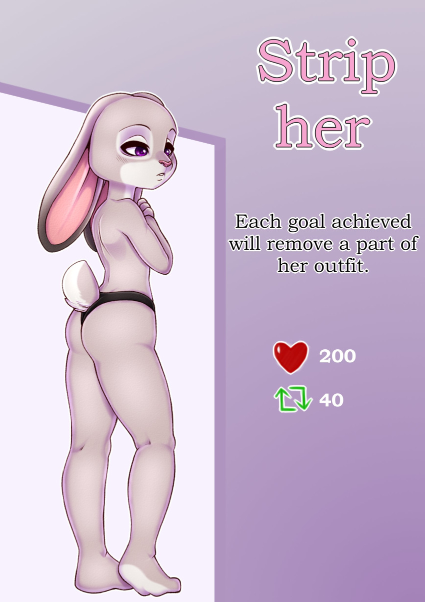 4_fingers absurd_res anthro blush blush_lines clothed clothing disney eyes female fingers fluffy fluffy_tail fur grey_body grey_fur hi_res judy_hopps lagomorph leporid looking_away mammal panties partially_clothed purple rabbit solo standing stefano_d'angelo tail text underwear white_body white_fur zootopia
