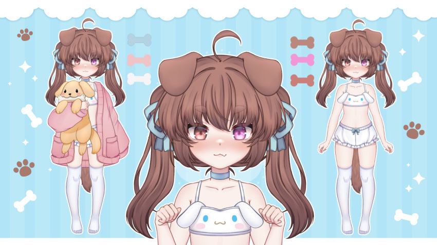 1girl :3 alternate_costume animal_ears artist_request bloomers bra brown_hair cartoon_bone choker close-up dog_ears dog_girl dog_tail emi_(vtuber) full_body heterochromia highres indie_virtual_youtuber long_hair navel no_shoes object_hug paw_pose pink_robe ribbon robe smile stuffed_animal stuffed_toy tail thighhighs training_bra twintails underwear white_bloomers white_bra white_thighhighs