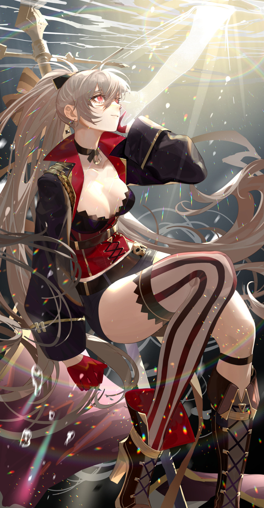 1girl absurdres aiguillette azur_lane bangs black_jacket black_shorts boots breasts bubble choker cleavage corset cross-laced_clothes dangle_earrings earrings gloves gold_choker hair_between_eyes half_gloves high_heel_boots high_heels highres jacket jean_bart_(azur_lane) jewelry knee_boots long_hair looking_up mast medium_breasts o-ring o-ring_choker ponytail red_corset red_eyes red_gloves shorts skull_belt solo submerged thighhighs underwater uyuyuun water wide-eyed