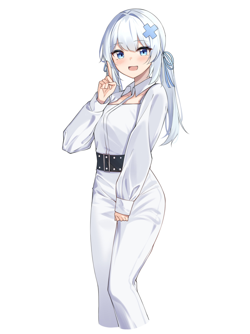 1girl :d absurdres bangs belt blue_eyes blush cropped_legs gosegu hair_intakes hair_ornament highres index_finger_raised long_hair long_sleeves looking_at_viewer open_mouth pants shirt simple_background smile solo standing virtual_youtuber waktaverse white_background white_hair white_pants white_shirt ziro_(zirorong)