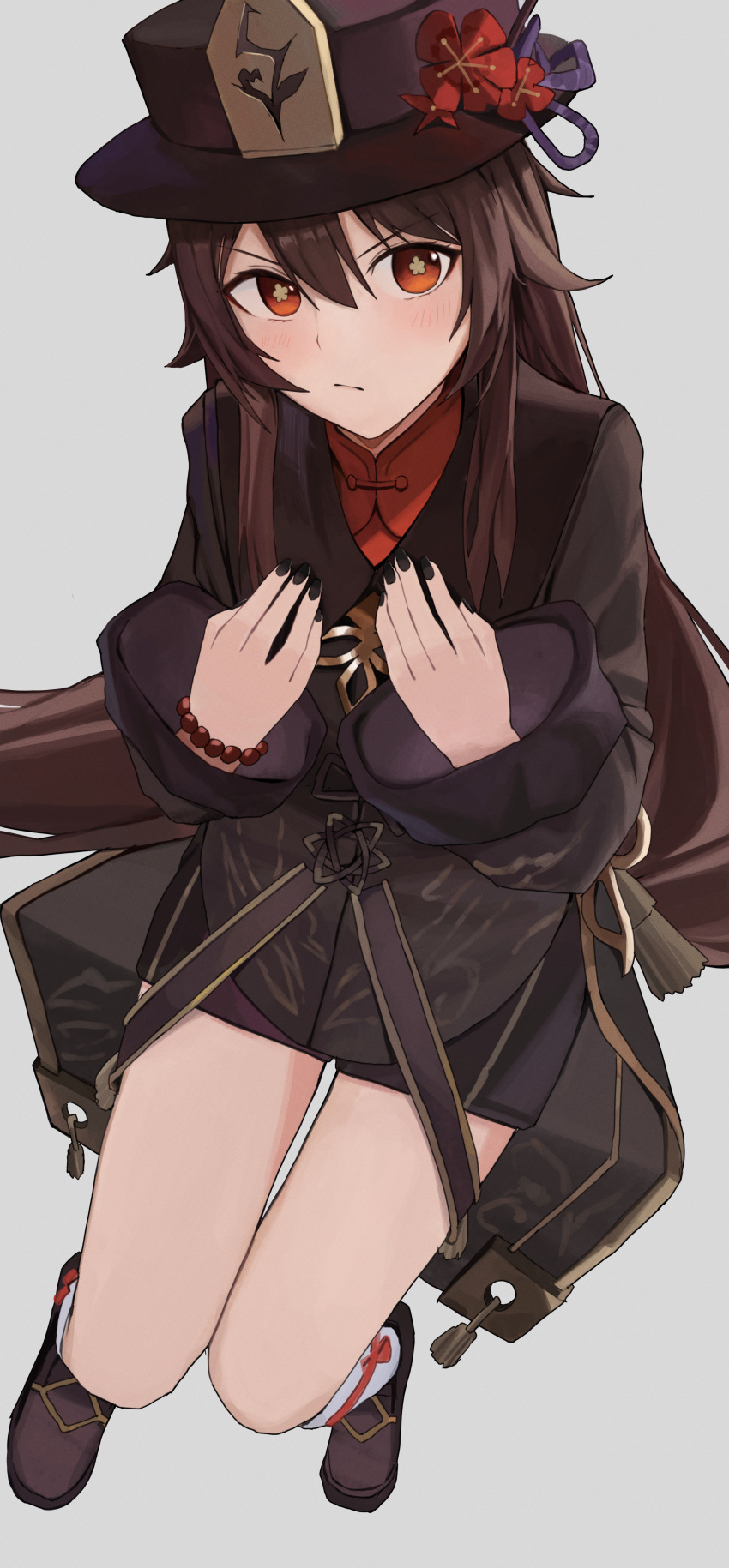 1girl absurdres bangs black_nails blush brown_coat brown_footwear brown_hair brown_headwear brown_shorts closed_mouth coat flower full_body genshin_impact gold_trim grey_background hair_over_shoulder highres hu_tao_(genshin_impact) loafers long_hair looking_at_viewer red_eyes red_flower red_shirt shirt shoes shorts simple_background sitting socks solo star-shaped_pupils star_(symbol) symbol-shaped_pupils white_socks yunkkker