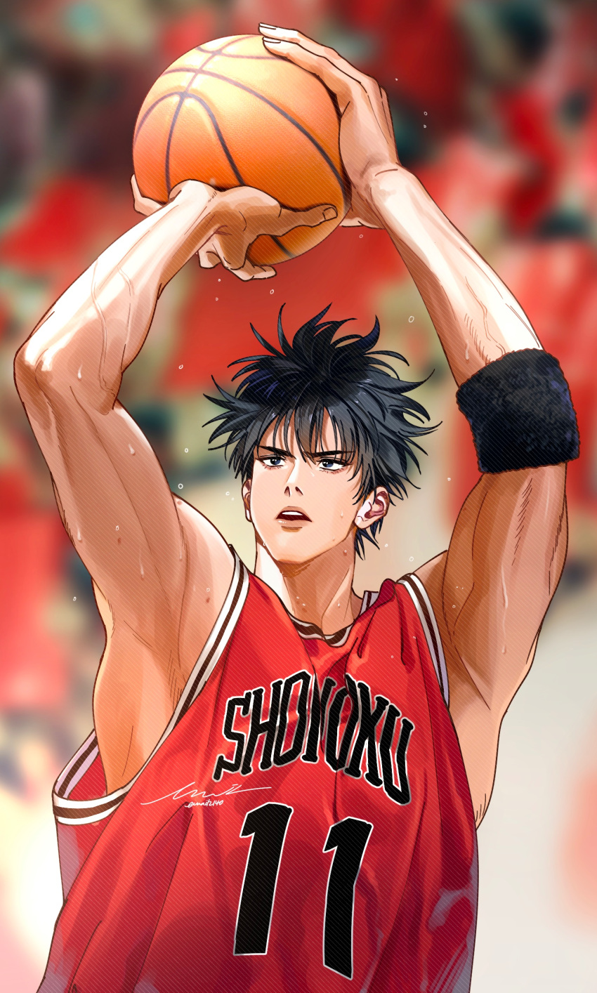 1boy absurdres arms_up ball bangs basketball basketball_jersey basketball_uniform black_hair black_wristband blurry blurry_background commentary_request email2140 hair_between_eyes highres holding holding_ball korean_commentary male_focus red_shirt rukawa_kaede shirt short_hair signature slam_dunk_(series) sleeveless sleeveless_shirt solo sportswear sweat wristband