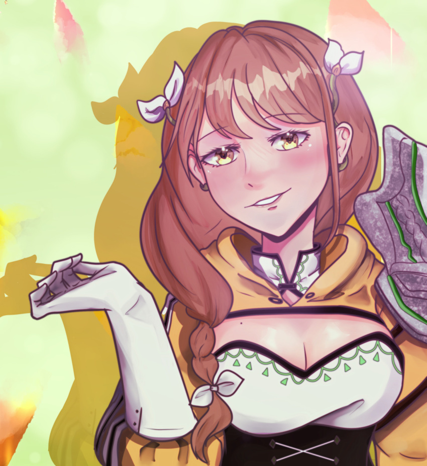 1girl armor breasts brown_hair cleavage commentary corset drop_shadow fire_emblem fire_emblem_engage gloves goldmary_(fire_emblem) green_background grin hand_up highres large_breasts long_hair looking_at_viewer purple_lips shoulder_armor smile solo upper_body wellamayo white_gloves yellow_eyes