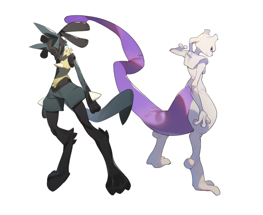 2022 ambiguous_gender anthro black_body black_fur blue_body blue_fur canid canine duo full-length_portrait fur gebijiade_89 generation_1_pokemon generation_4_pokemon legendary_pokemon long_tail lucario mammal mewtwo nintendo pokemon pokemon_(species) portrait purple_eyes red_eyes simple_background spikes standing tail thick_tail white_background yellow_body yellow_fur