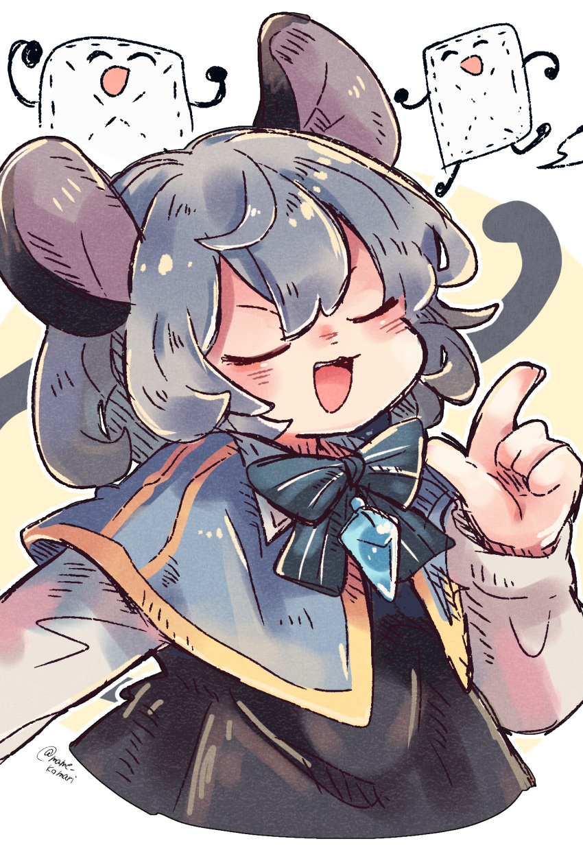 1girl animal_ears bangs black_dress blue_capelet capelet closed_eyes dress foul_detective_satori grey_hair hair_between_eyes highres index_finger_raised jewelry long_sleeves mame_komari mouse_ears mouse_tail nazrin open_mouth pendant rag short_hair smile solo tail touhou twitter_username upper_body