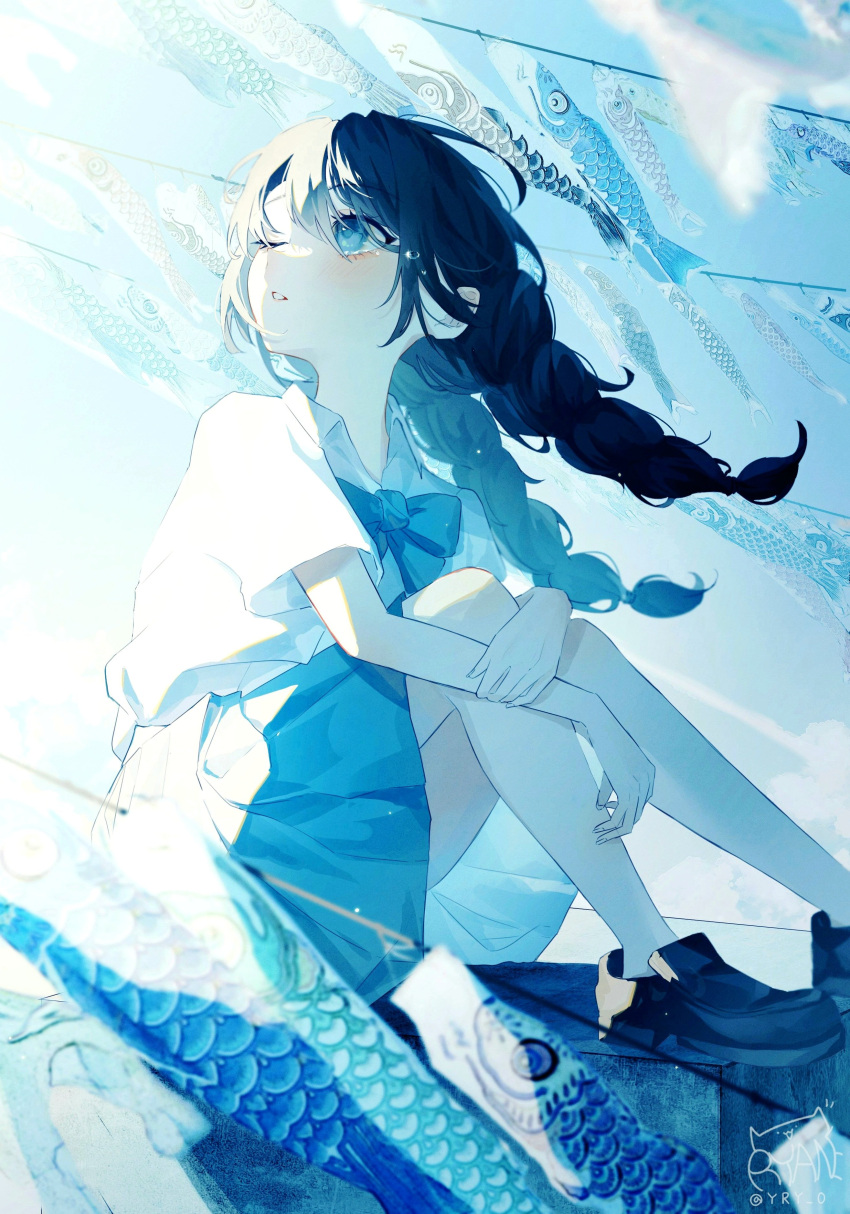 1girl absurdres bangs black_hair blue_bow blue_bowtie blue_eyes blue_skirt blue_theme bow bowtie braid collared_shirt day hand_on_own_arm highres knees_together_feet_apart loafers long_hair one_eye_closed original outdoors paper_hat paper_kabuto parted_lips ryane_(yry_0) school_uniform shirt shoes short_sleeves sitting skirt solo teardrop twin_braids white_shirt