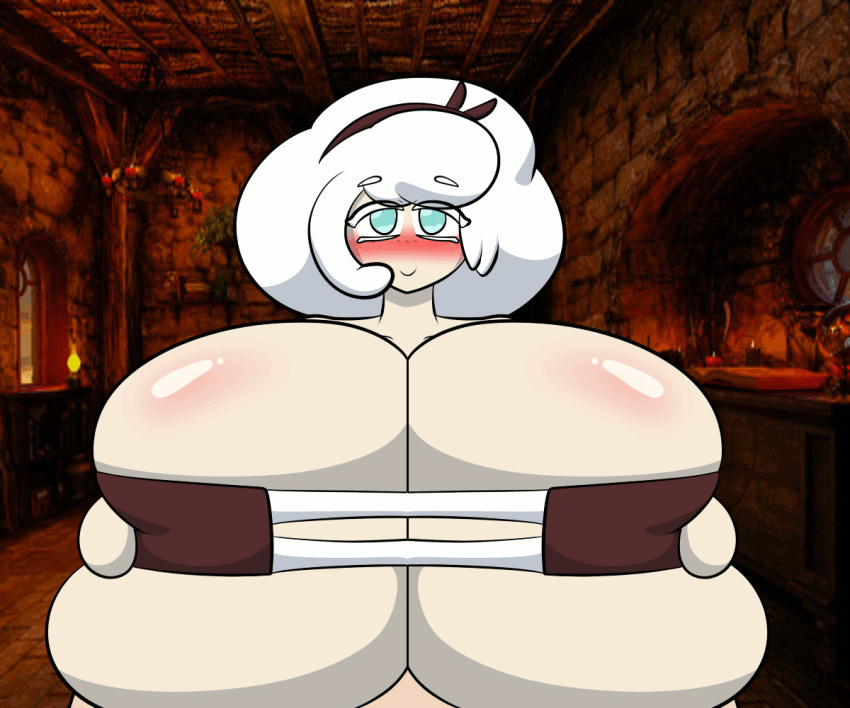 animated big_breasts blush breast_play breast_squish breasts clothed clothing cookie_run cotton_cookie duo female hair headgear headwear huge_breasts male male/female sex skimpy squish titfuck ultrazeta120 white_hair