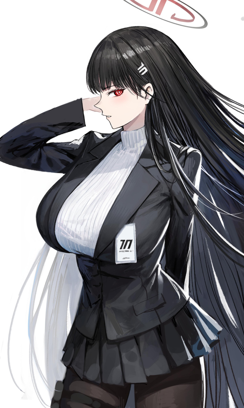 1girl absurdres arm_behind_back arm_up bangs black_hair black_jacket black_pantyhose black_skirt black_suit blue_archive breasts formal hair_ornament hairclip halo highres holster id_card jacket kaki_z3 large_breasts long_hair looking_to_the_side miniskirt pantyhose pleated_skirt ribbed_sweater rio_(blue_archive) skirt solo suit sweater thigh_holster thigh_strap turtleneck turtleneck_sweater very_long_hair white_background white_sweater