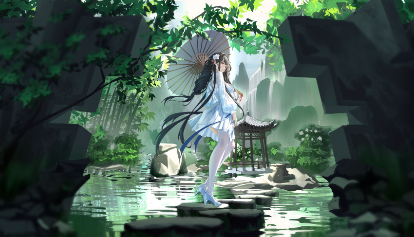 1girl architecture azur_lane bamboo bamboo_forest bangs black_hair blue_ribbon blunt_bangs braid breasts chinese_clothes clothing_cutout dress east_asian_architecture flower forest full_body hair_behind_ear hair_flower hair_ornament hair_rings hanfu high_heels highres holding holding_umbrella jiu_dao_fan_yin legs long_hair long_sleeves looking_back looped_braids mountain nature official_alternate_costume oil-paper_umbrella parasol puffy_long_sleeves puffy_sleeves red_eyes ribbon scenery see-through see-through_legwear see-through_sleeves shoes short_dress skindentation sky smile solo thighhighs toes umbrella very_long_hair water waterfall white_dress white_flower white_thighhighs yat_sen_(azur_lane) yat_sen_(paragon_of_celestial_grace)_(azur_lane)