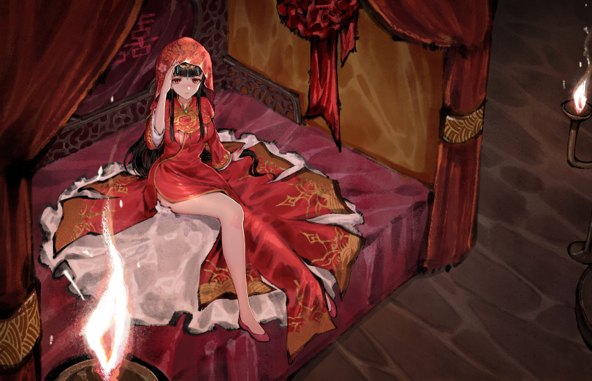 1girl absurdres architecture azur_lane bangs bed black_hair blunt_bangs blush breasts bridal_veil candle chamber china_dress chinese_clothes dress east_asian_architecture full_body hand_up headdress highres long_dress long_hair long_sleeves medium_breasts mumuy on_bed pelvic_curtain red_eyes red_footwear red_veil rug side_slit sitting veil very_long_hair yat_sen_(azur_lane) yat_sen_(coronal_afterglow)_(azur_lane)