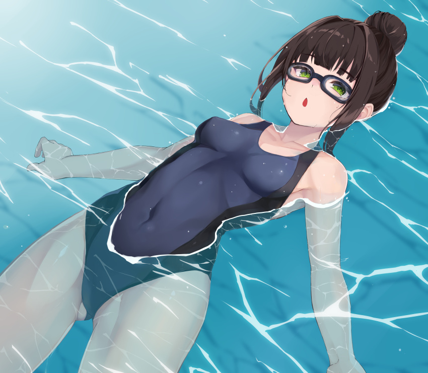 1girl absurdres bangs black_hair black_one-piece_swimsuit blunt_bangs commentary_request commission competition_swimsuit covered_navel cowboy_shot floating goggles green_eyes hair_bun hamaguchi_ayame highres idashige_(walkietalkie) idolmaster idolmaster_cinderella_girls long_hair looking_at_viewer one-piece_swimsuit partially_submerged pixiv_commission sidelocks single_hair_bun solo swimsuit water