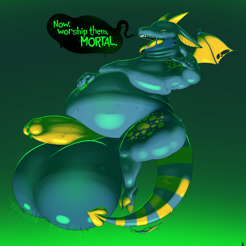 5_fingers absurd_res anthro balls belly big_balls big_belly black_speech_bubble blue_body bodily_fluids colored_cum cum demon dialogue fingers genital_fluids genitals gesture green_background green_cum green_text gurgling_balls hand_on_stomach hi_res hooved_toes hooves looking_at_viewer male markings obese obese_male onomatopoeia open_mouth overweight overweight_male penis pointing pointing_at_viewer precum saliva saliva_string sharp_teeth simple_background solo sound_effects spots spotted_markings striped_markings striped_tail stripes tail tail_markings talking_to_viewer teeth text thick_thighs unusual_bodily_fluids unusual_cum unusual_genital_fluids vantablackbox vein veiny_balls veiny_penis wings yellow_spots