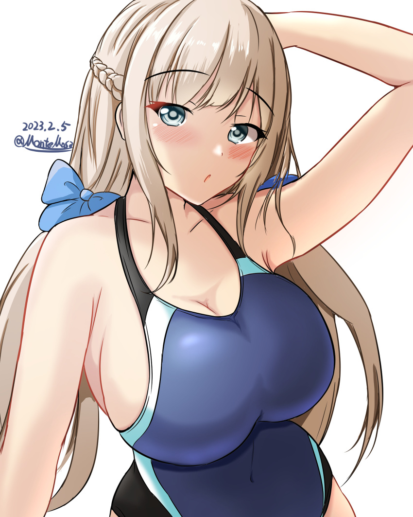 1girl blonde_hair blue_eyes blue_one-piece_swimsuit breasts collarbone competition_swimsuit highleg highleg_swimsuit highres impossible_clothes impossible_swimsuit kantai_collection large_breasts light_brown_hair long_hair low_twintails maryland_(kancolle) montemasa one-hour_drawing_challenge one-piece_swimsuit solo swimsuit twintails twitter_username two-tone_swimsuit upper_body