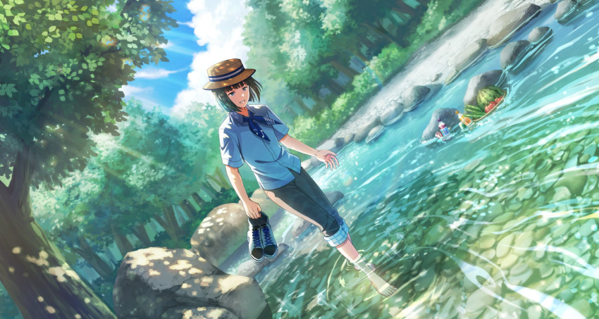 1boy barefoot blue_eyes bottle can food forest fruit hat highres holding holding_shoes idolmaster idolmaster_side-m idolmaster_side-m_growing_stars kagura_rei male_focus nature official_art shirt shoes short_sleeves smile soaking_feet third-party_source toenails toes watermelon