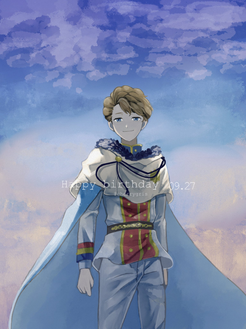 1boy black_clover blue_cape blue_eyes brown_hair cape capelet cherrygris closed_mouth dated happy_birthday highres langris_vaude looking_at_viewer male_focus pants short_hair smile solo twitter_username uniform white_pants yellow_capelet