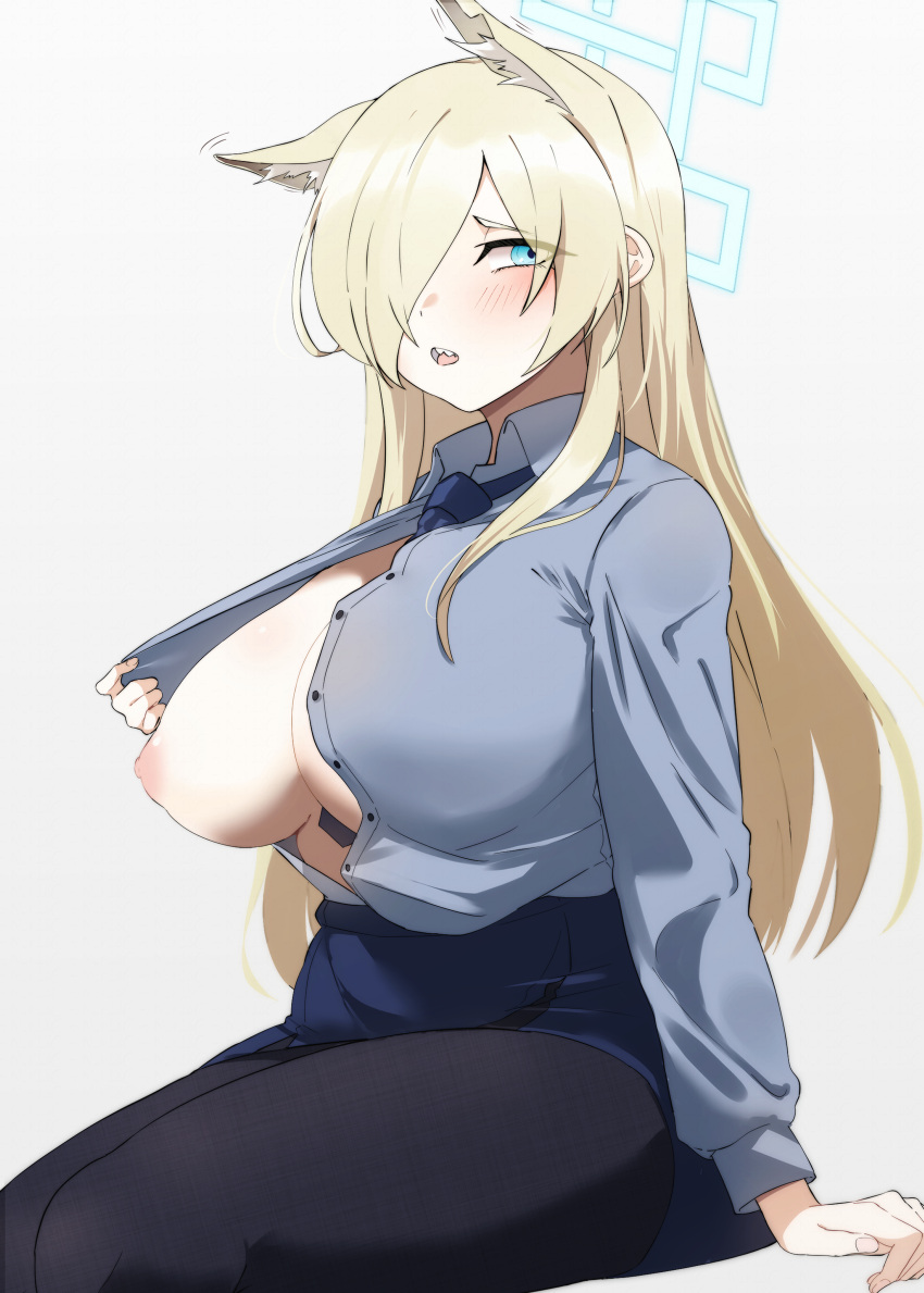 1girl 96nokimihito absurdres animal_ear_fluff animal_ears between_breasts black_pantyhose blonde_hair blue_archive blue_eyes blue_shirt blue_skirt blush breasts collared_shirt hair_over_one_eye halo highres kanna_(blue_archive) large_breasts long_hair long_sleeves looking_at_viewer necktie necktie_between_breasts nipples one_breast_out open_mouth pantyhose shirt shirt_tucked_in simple_background sitting skirt solo teeth upper_teeth_only white_background