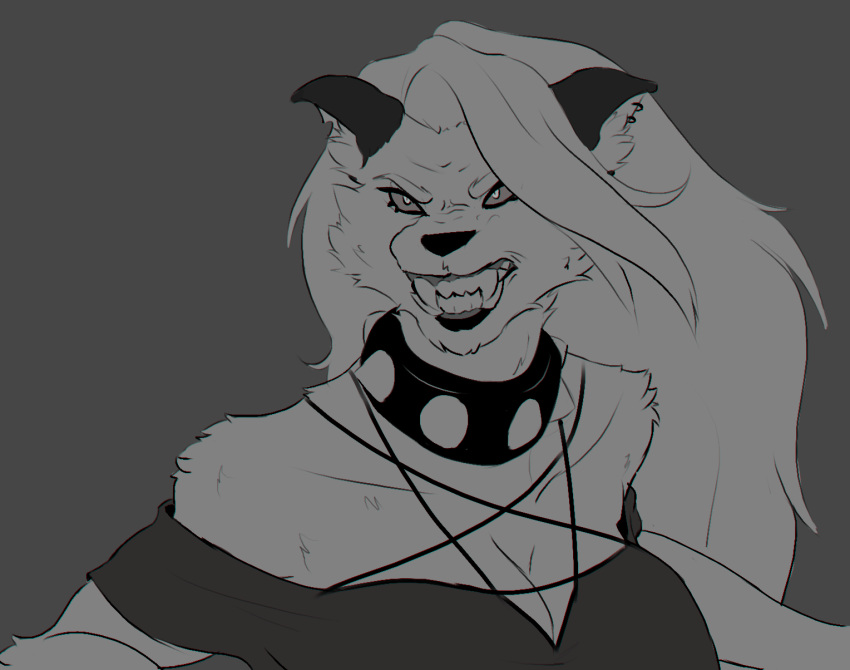 2023 angry anthro canid canid_demon clothed clothing collar colored demon digital_media_(artwork) ear_piercing fangs female fur goth hair hellhound helluva_boss hi_res inner_ear_fluff loona_(helluva_boss) mammal monochrome nyankyun540 piercing simple_background sketch snarling solo teeth tuft