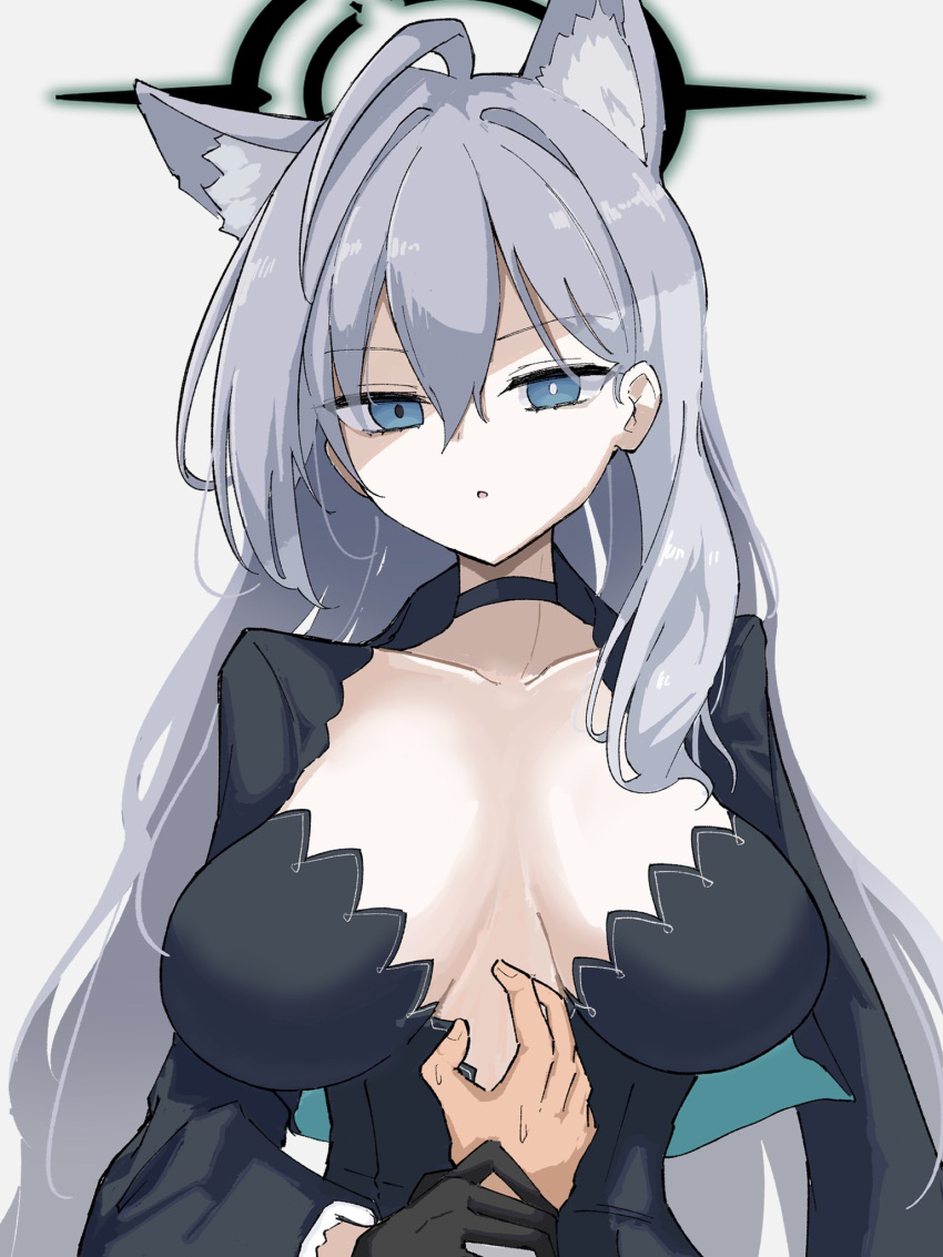 ahoge animal_ears bangs black_choker black_dress blue_archive blue_eyes breasts bright_pupils choker cleavage collarbone disgust dress grabbing_another's_hand grey_hair hair_between_eyes halo highres katsuhiko_(bone_hiko) large_breasts long_hair looking_at_viewer mechanical_halo messy_hair official_alternate_costume open_mouth plunging_neckline shaded_face shiroko_(blue_archive) shiroko_(terror)_(blue_archive) upper_body very_long_hair white_pupils