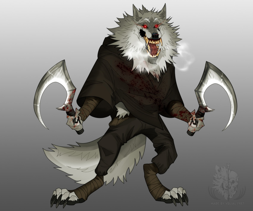 2023 anthro biped black_bottomwear black_cloak black_clothing black_pants blood blood_on_weapon bodily_fluids bottomwear canid canine canis claws clothing death_(puss_in_boots) digital_media_(artwork) digitigrade fangs finger_claws fur gradient_background grey_background grey_body grey_fur holding_object holding_weapon male mammal pants puss_in_boots_(film) puss_in_boots_the_last_wish red_eyes sickle simple_background solo teeth toe_claws velial1987 weapon white_body white_fur wolf