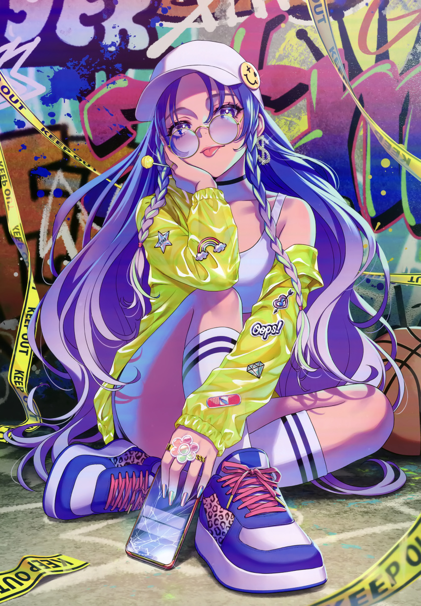 1girl absurdres ball baseball_cap braid candy caution_tape cellphone choker collarbone earrings food full_body glasses graffiti hat highres holding holding_candy holding_food jacket jewelry knee_up lollipop long_hair long_sleeves looking_at_viewer morikura_en nail_polish off_shoulder open_clothes open_jacket original phone purple_eyes purple_hair scan sidelocks simple_background sitting smartphone socks solo tank_top thighs tongue tongue_out white_socks white_tank_top