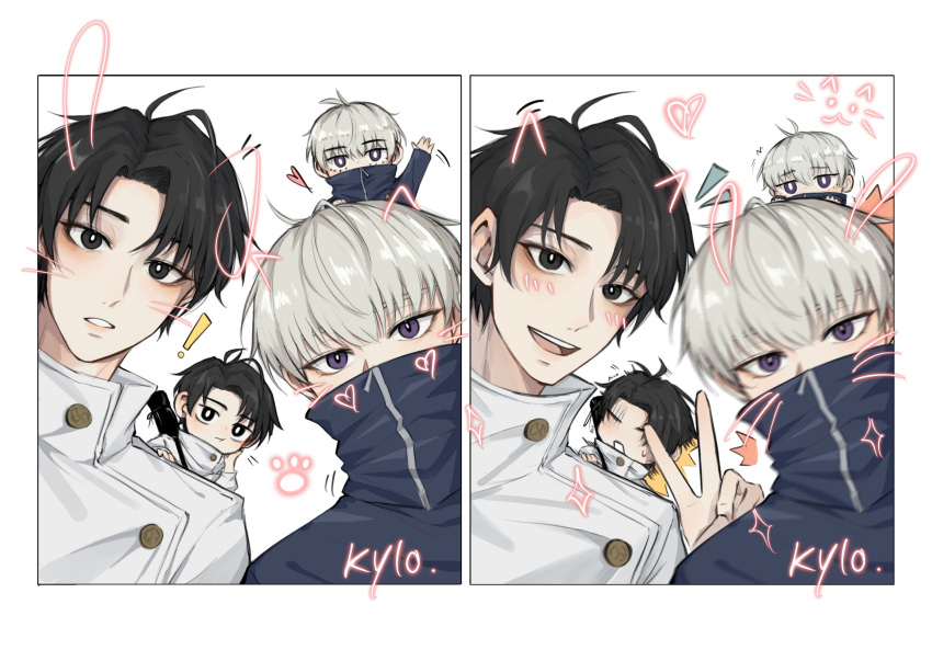 ! 4boys absurdres animal_ears arm_up bangs black_eyes black_hair blush cat_ears chibi chibi_on_head closed_mouth covered_mouth drawn_ears drawn_whiskers dual_persona grey_hair head_rest heart high_collar highres inumaki_toge jacket jujutsu_kaisen jujutsu_tech_uniform kyllooelo long_sleeves looking_at_viewer male_focus miniboy multiple_boys okkotsu_yuuta on_head open_mouth parted_bangs paw_print purple_eyes rabbit_ears short_hair simple_background smile sword sword_on_back v waving weapon weapon_on_back white_background white_jacket